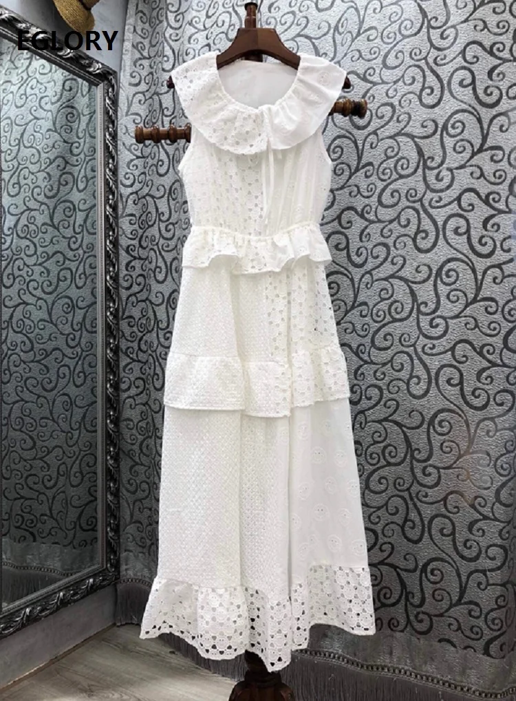 

Newest Fashion White Dress 2020 Summer High Quality Women O-Neck Hollow Out Embroidery Ruffle Floral Patchwork Sleeveless Dress