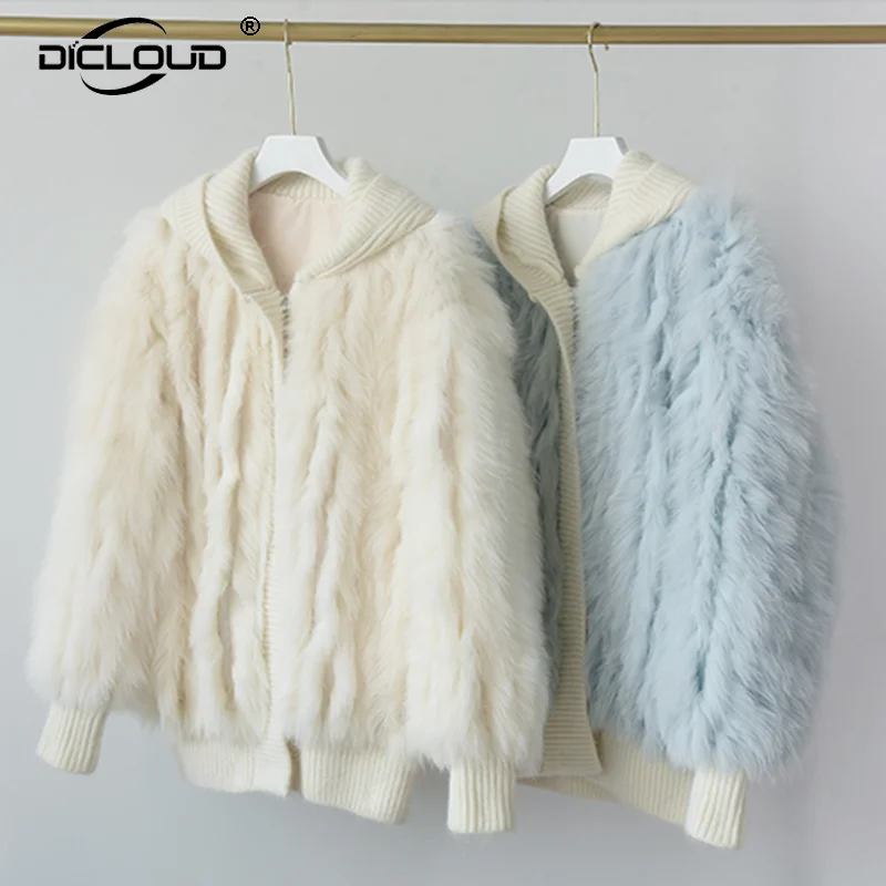 

Женская зимняя куртка с капюшоном из лисьего меха, пальто, роскошное пальто из искусственного меха 2021, Трендовое трикотажное пальто из иску...