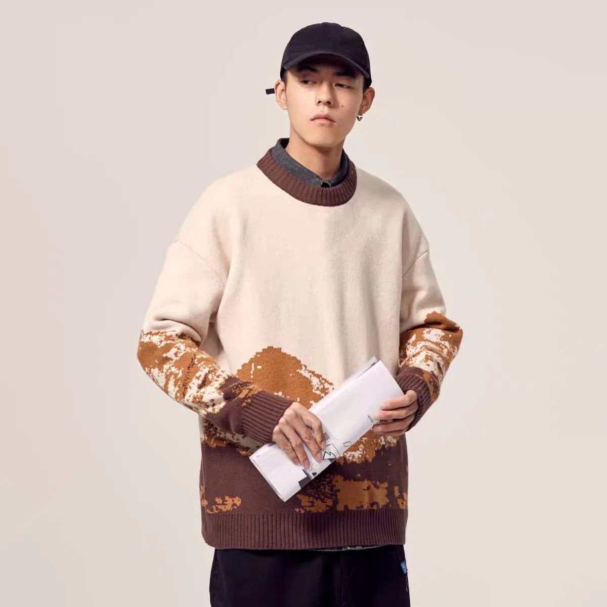 

2021 Harajuku Snow Mountain Knitted Sweater Gradient Embroidered Sweater Pullovers Hip Hop Streetwear Retro Knit Pullover Winter