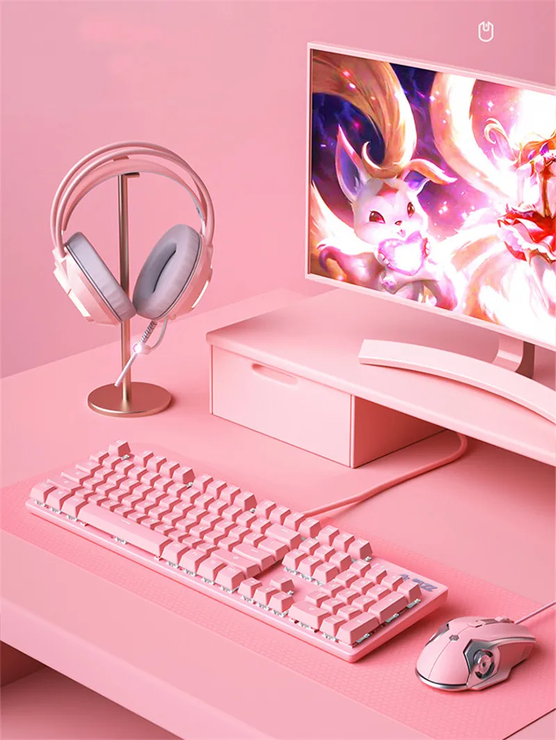 

Игровая Механическая Проводная клавиатура New girly pink, USB интерфейс с 104 клавишами, белая подсветка, подходит для геймеров, ПК, ноутбуков