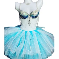 rhinestones sequins sexy bra embellished beaded costume tutu ball gown dress nightclub performance two piece suit stage outfit