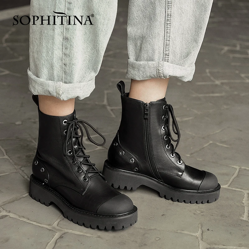 

SOPHITINA Women Boots Platform Fashion Cross-Tied Zipper Antiskid Patchwork Shoes Round Toe Mid Heel Casual Women Shoes SO743