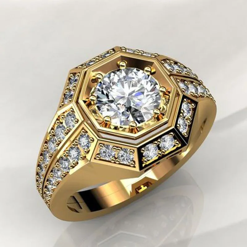 Роскошные золотые восьмиугольная Циркон льдом кольца для Для мужчин мотоцикл