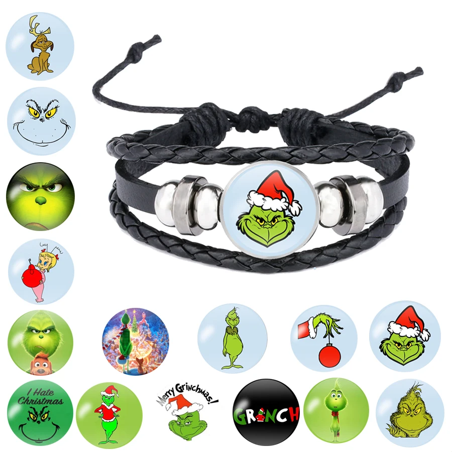 Популярный браслет Grinch стеклянный с подвеской бижутерия кожаный для мальчиков