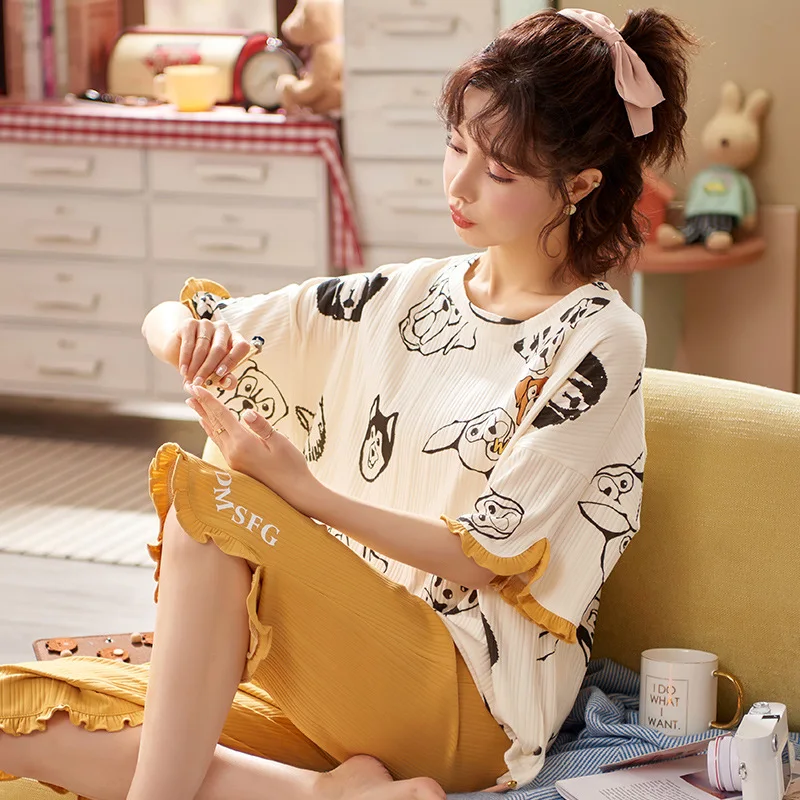 

Cartoon Long Sleeved Pajamas Set For Women Large Size Cute Female Leisure Sleepwear Fashion 2 Pieces Sets Autumn Sleep Tops