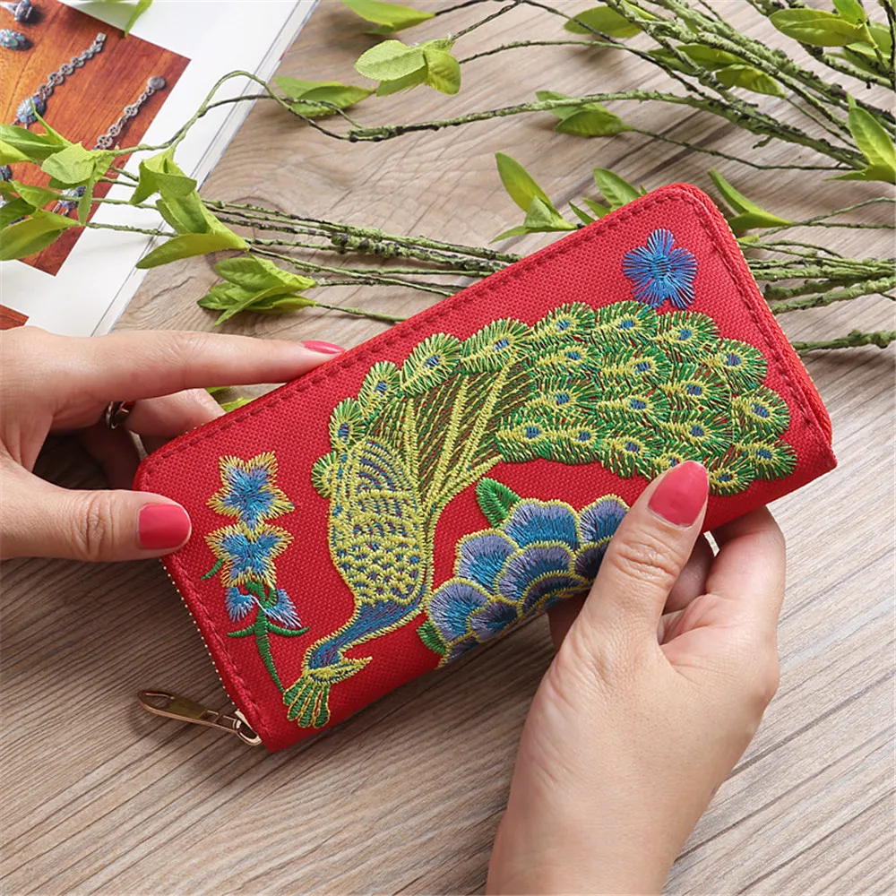 

Fashion Zipper Peacock Embroidery Women Long Wallet Retro Casual Coin Purse Phone Bag Gift Card Id Holders Wallets