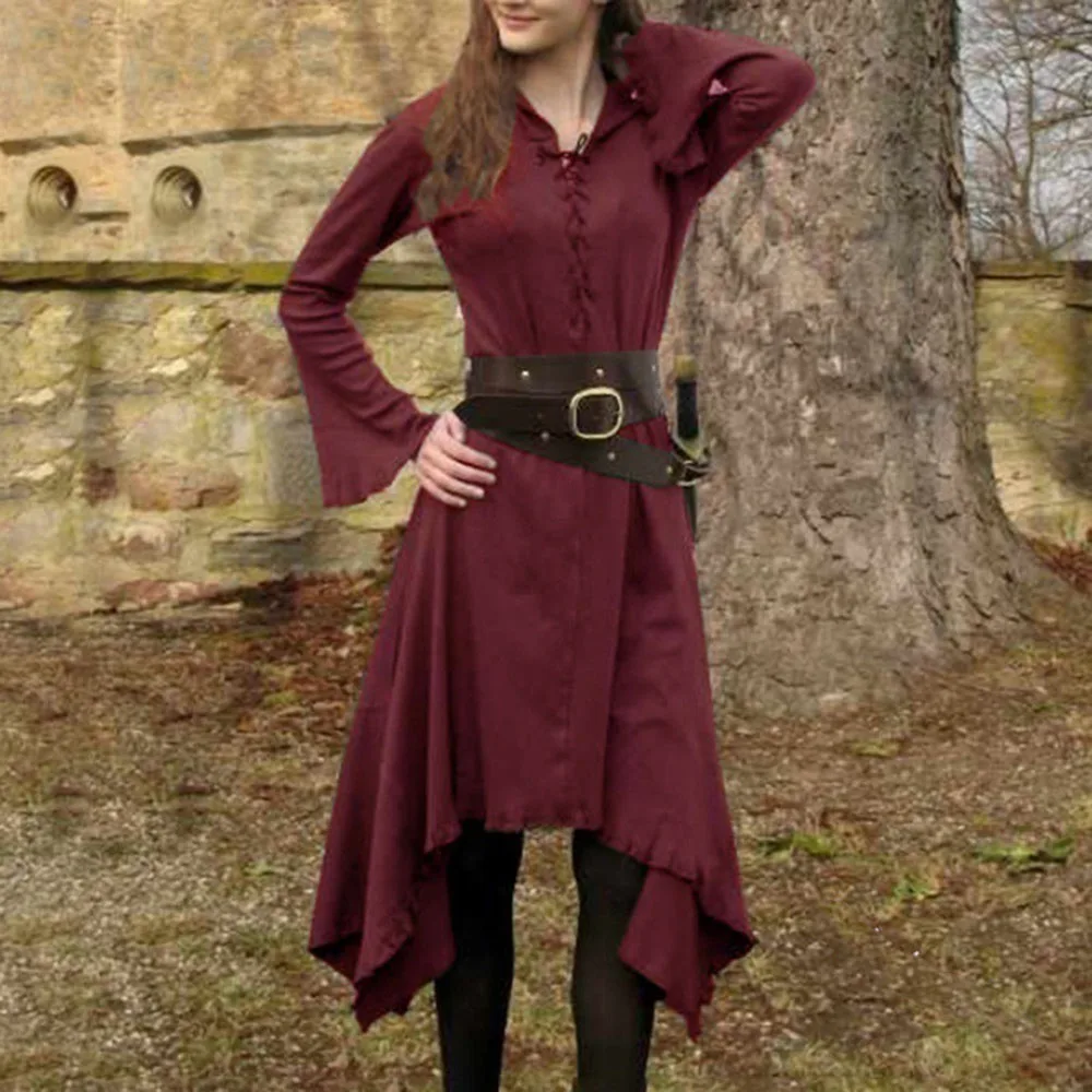 

2021 Women New Dress Irregular Hooded Pullover Bandage Flared Sleeves Solid Color Autumn Fashion Retro High Street Western Style
