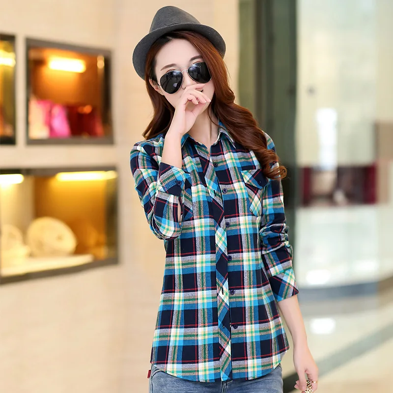 

Autumn Spring Blouses Fashion Turn Down Collar Cotton Tops Women's Plaid Shirt Office Work Slim Long-Sleeve Shirts Blusas Mujer