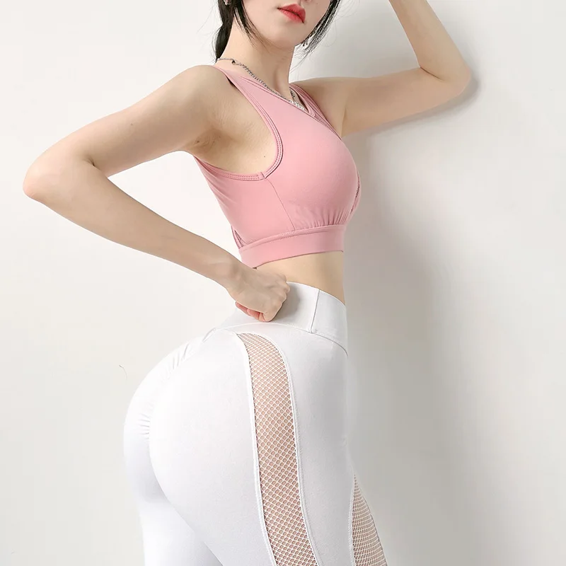 

Mesh Spliced Sport Bra Shock Proof Yoga Top V-neck Gym Workout Active Bra for Women Breathable Gym Clothing Wide Shoulder Straps