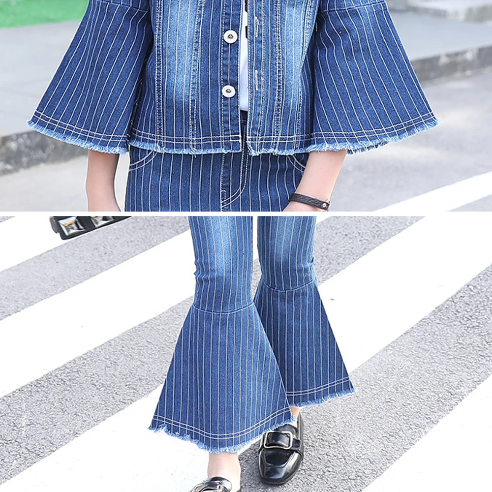 Детский джинсовый комплект для девочек модные джинсы в полоску с