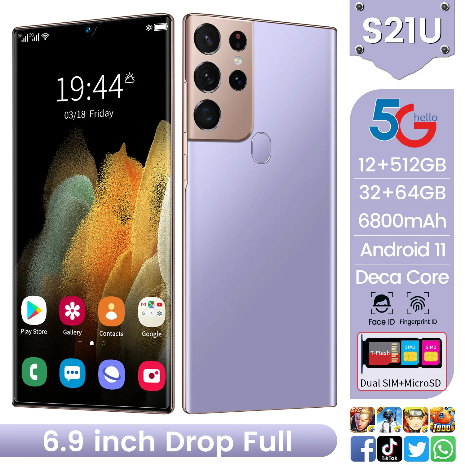 

Global Version S21U 6.9 Inch Smartphone Deca Core 6800mAh 16+512GB Android 10.0 Support Face ID Google GPS Unlocked 5G CellPhone