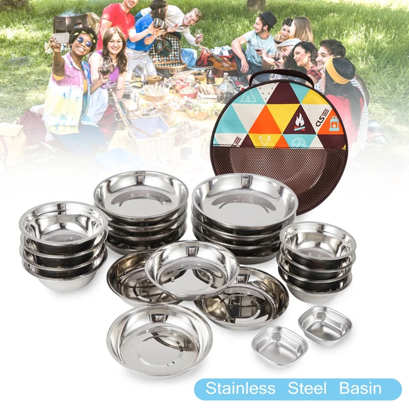 

Portable Stainless Steel Tableware Barbecue Picnic Plate Bowl Dinnerware For Outdoor Camping Hiking 17pcs/22pcs/Set