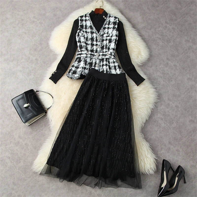 

Runway Fashion Casual Outfits Autumn Winter Women's Dress Suit Long Sleeve Knitted Pullover Top+Tweed Vest+Mesh Skirt Set 3pcs