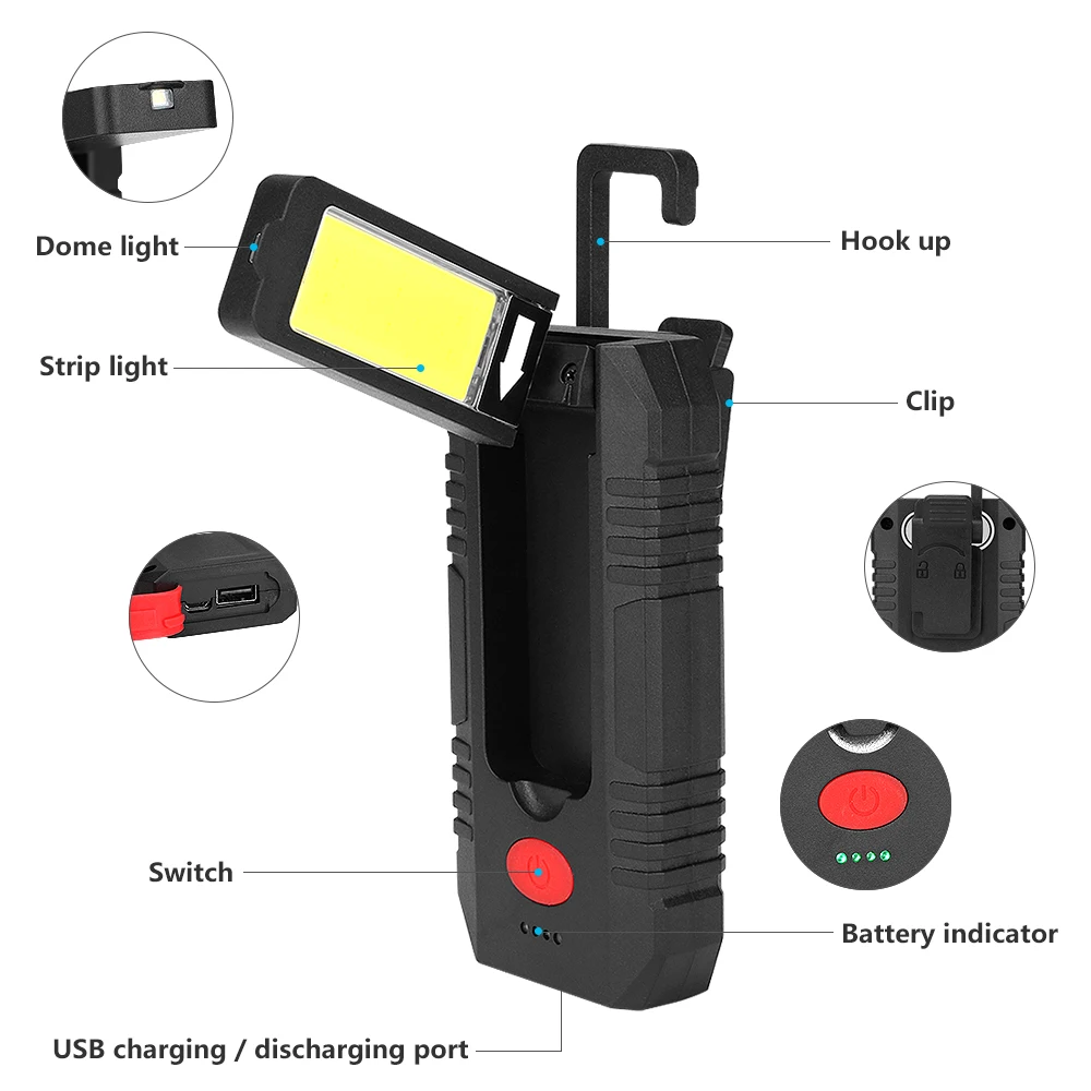 USB Rechargeable COB Work Light Inspection Lamp Rotation Hanging Hook Portable Lantern built in battery | Освещение