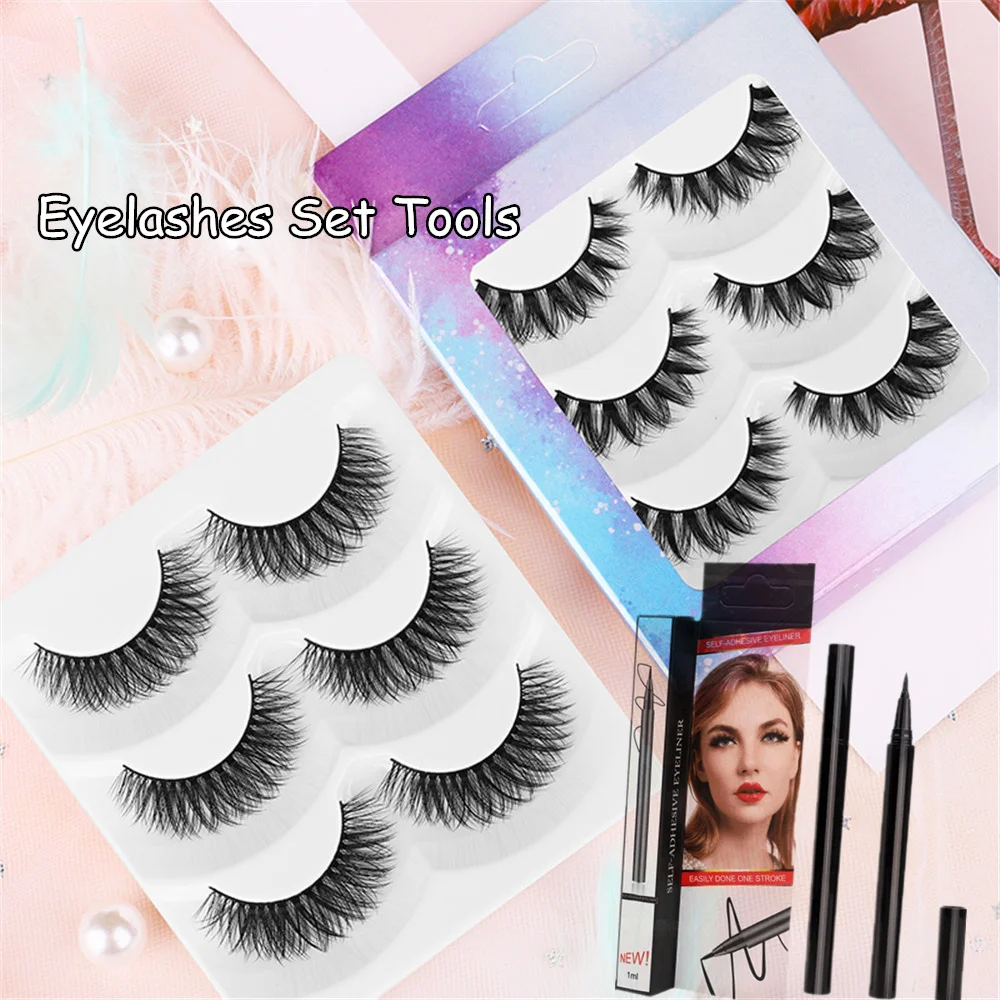 

3 Pairs False Mink Eyelash Set Self-adhesive Eyeliner Natural/Thick Long Cross Eye Lashes Wispy Makeup Beauty Extension Tools