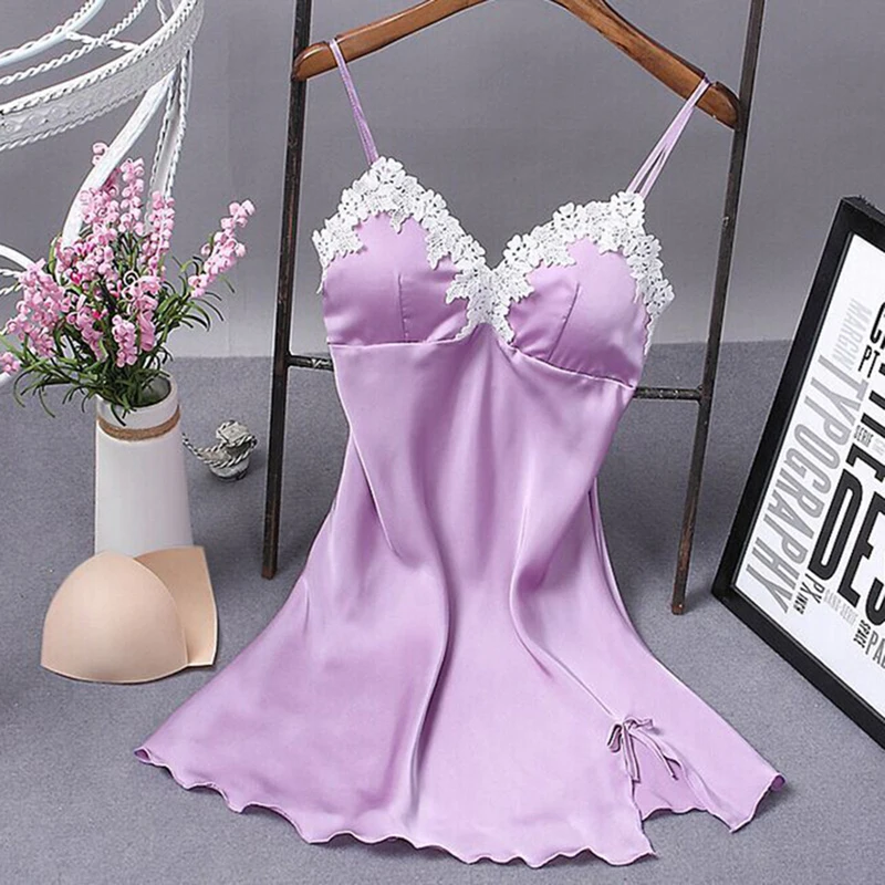 

Fashion Sleepwear Women Deep V Neck Sleepdress Sexy Silk Nightgowns Sleeveless Lace Robe Satin Nightgown Homewear Femme Hot Sale