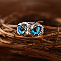 fashion vintage cute blue eyes owl ring for men women open rings silver color engagement wedding couple ring jewelry gifts