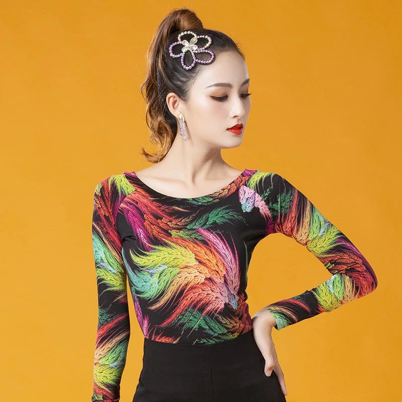 

New Women Ballroom Latin Dance Practice Tops Sexy Printed Long Sleeve Ice Silk Dancing Shirt Tango Waltz Dance Clothes DL4742