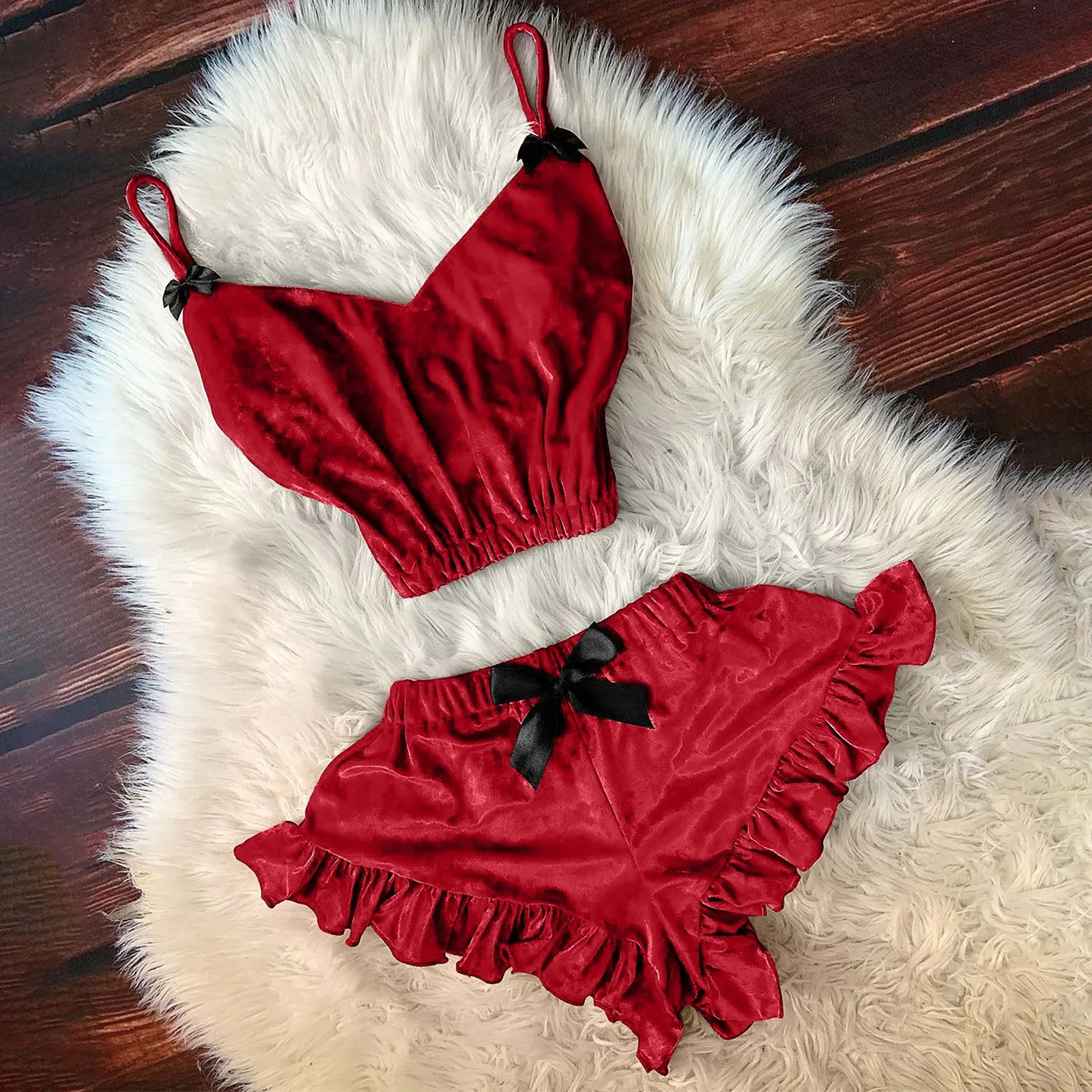 

Sexy Lingerie Set Velvet Sleepwear Women's Pajama Set Sexy Temptation Babydoll Nightwear Bowknot Shorts Set Pijama Nightdress