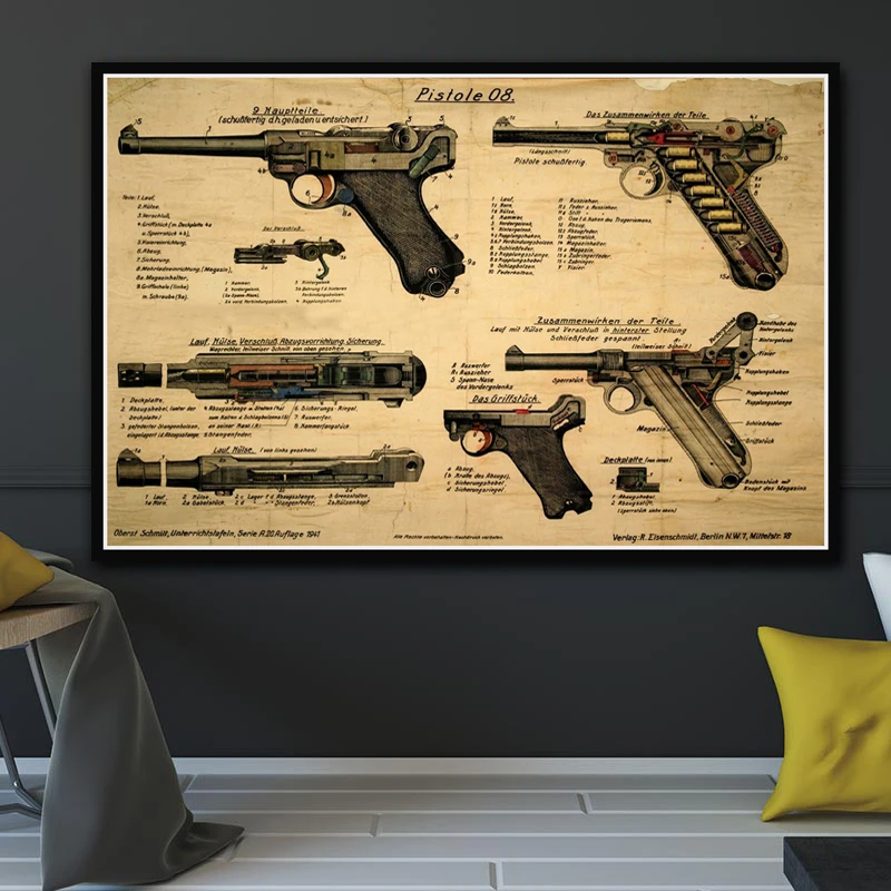 NT036 горячий постер настенный художественный лугер Пистолет Патент Blueprint пистолет