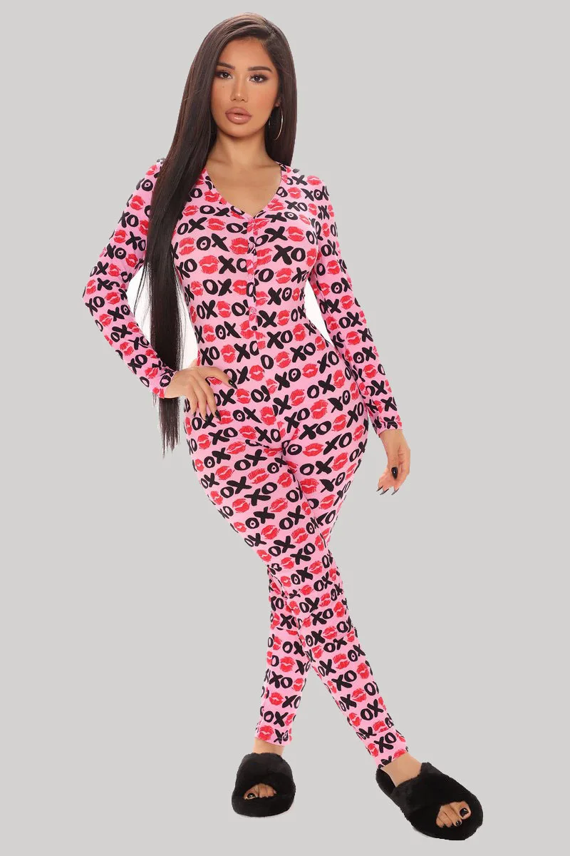 

New Arrival Fashion Woman's Sexy Printed Jumpsuit V-neck Long Sleeve Button Flip Elastic Slim One-piece Daily Life