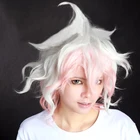 Парик для косплея из Danganronpa Dangan Ronpa Nagito Komaeda, термостойкий синтетический с короткими вьющимися волосами и шапочкой, с переходом цвета, белый, розовый