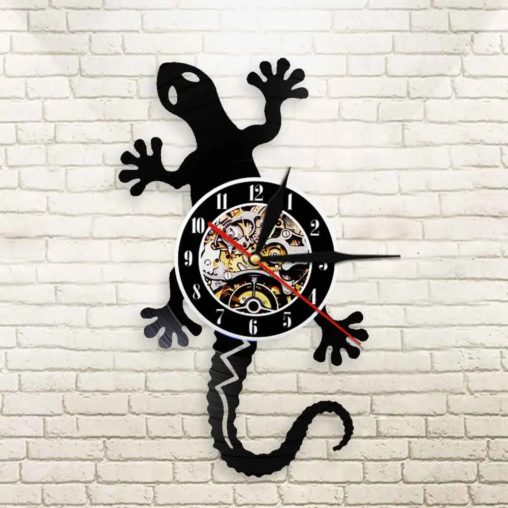 Antique Nature Art Zoology Lizard Wall Clock Safari Gecko Vinyl Record Silhouette Wildlife Animal Icon Vintage | Дом и сад