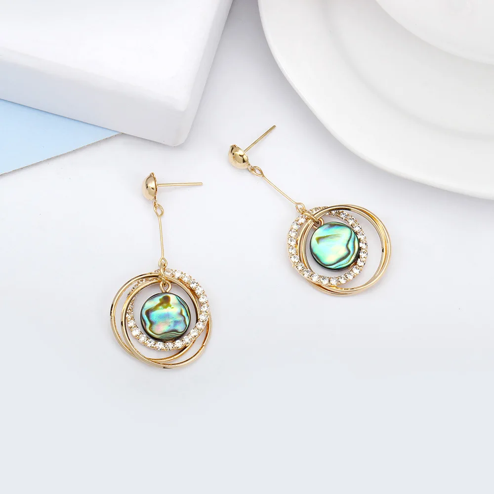 Fashion Color Abalone Shell Earring Double Circle Zircon Crystal Long Drop Geometric color Gold Bohemia Jewelry | Украшения и