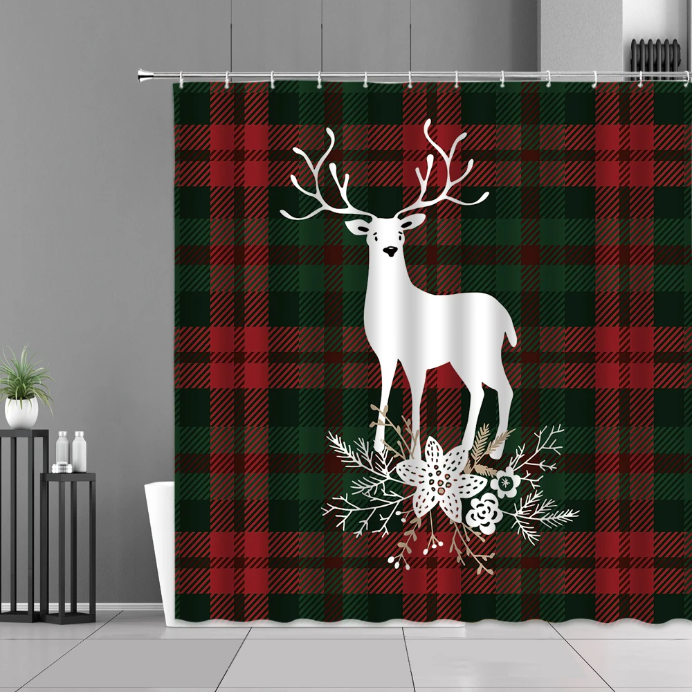 

Classic Red Plaid Deer Print Shower Curtains Nordic Style Bathroom Curtain Home Decoration Waterproof Bath Screen New Year Gift