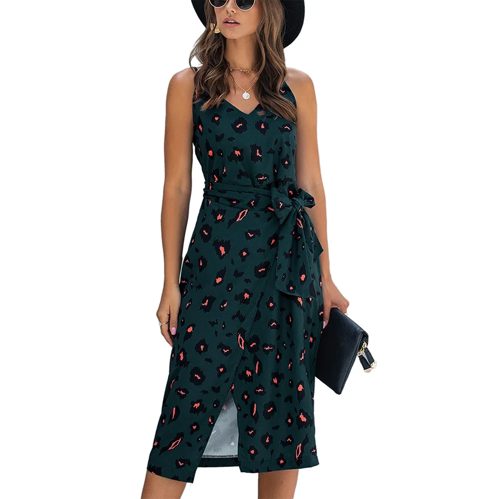 

Dress summer 2021 new women's mid long drawstring print split women's drawstring skirt
