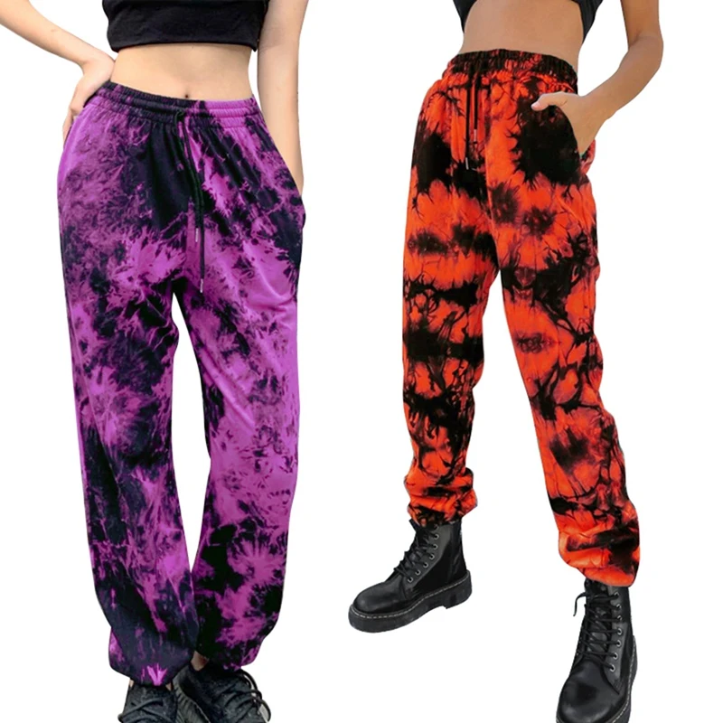 

2 Pcs Women Tie-Dye Sweatpants Loose Drawstring Pants High Waist Baggy Pants Joggers Trousers Orange XXL & Fuchsia XL