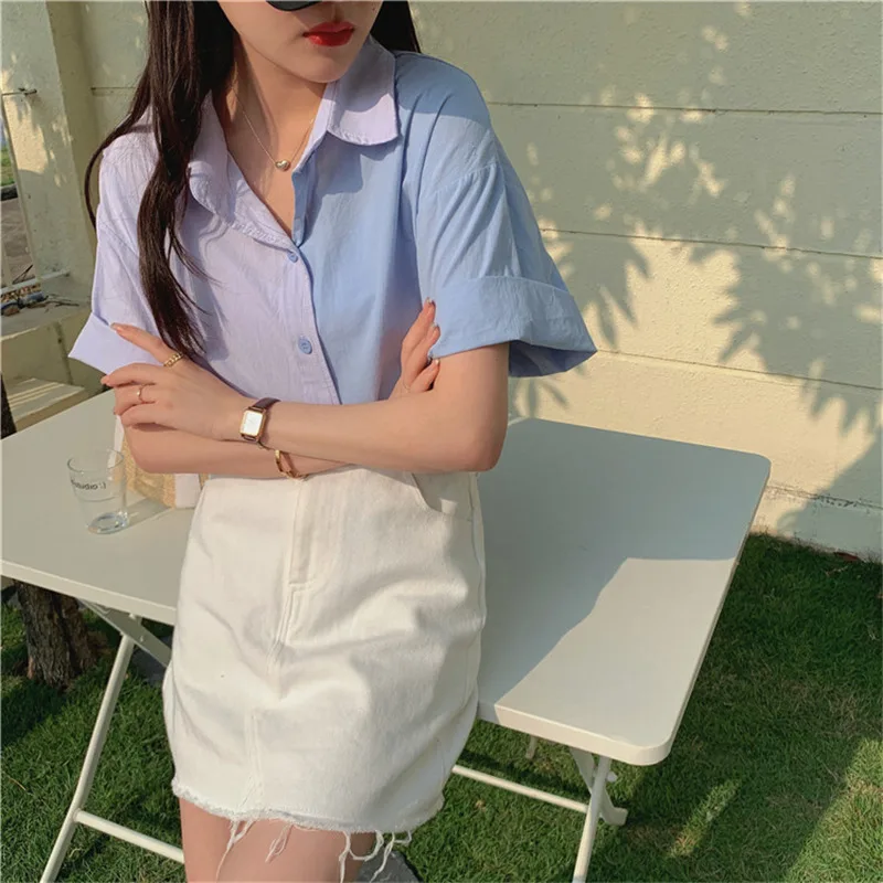 

Limiguyue Summer Women Blouse Loose Brief Chic Hit Color Shirts Turn Down Collar Tops Lapel Short Sleeve Slim Casual Shirt K2357