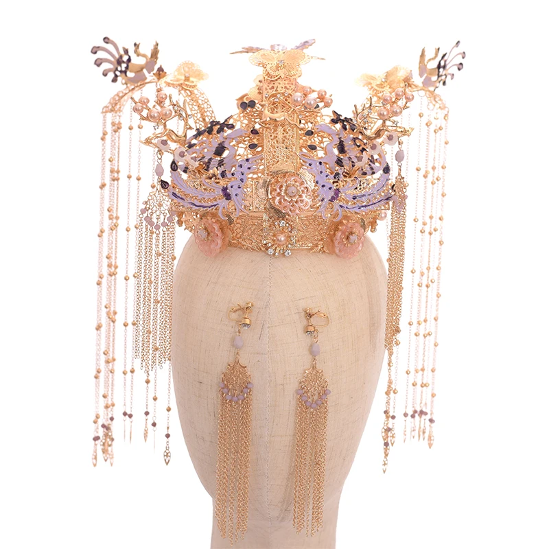 crown earring set NiuShuya роскошная китайская традиционная диадема феникса длинная кисточка Hairwear Cheongsam свадебный головной убор свадебные аксессуары для волос - Окраска металла: crown earring set