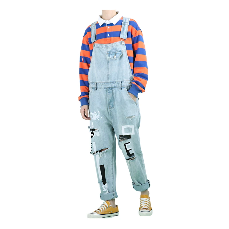 Новинка 2019 мужские голубые рваные джинсовые комбинезоны с принтом потертые