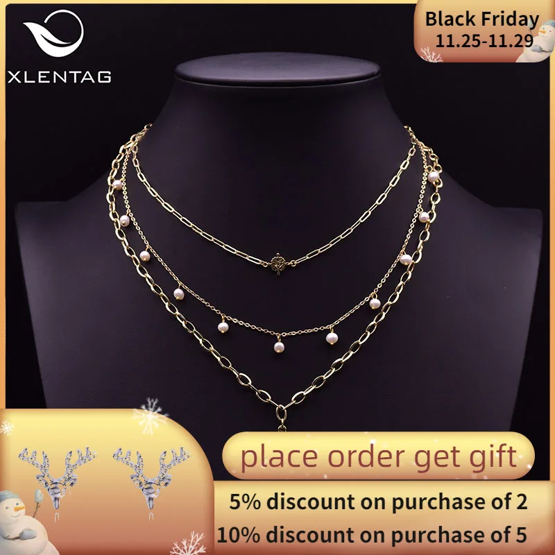 

XlentAg Multi Layered Natural White Pearls Statement Coin Chain Necklace Choker Wedding Women Accessories Luxury Jewelry GN0217