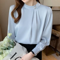 fashion satin beaded womens shirts blouses elegant chiffon long sleeved shirt solid buttons stand up collar blouse ladies tops