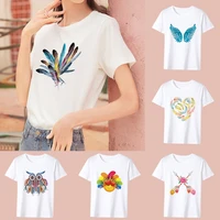womens fashion simple t shirt sweet style casual slim simple color feather series printed top o neck commuter comfortable top