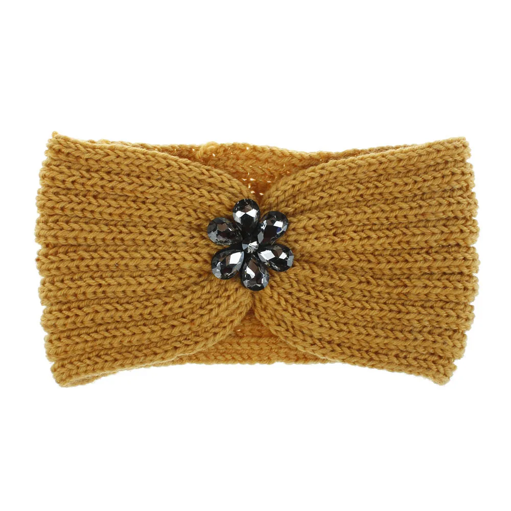 

Winter Girls Winter Knitting Turban Headband Rhinestone Flower Hairband Knit Hair Accessories Hair Jewelry