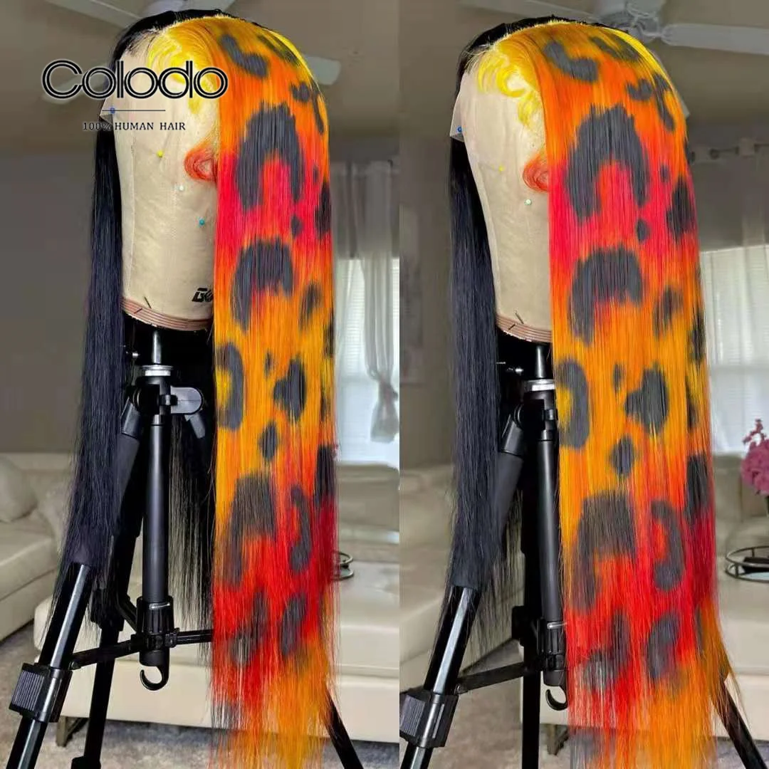 

Cheetah Color Hlaf Black Half Rainbow Ombre Lace Front Human Hair Wigs Pre Plucked Brazilian Remy Transparent Lace Wigs Women