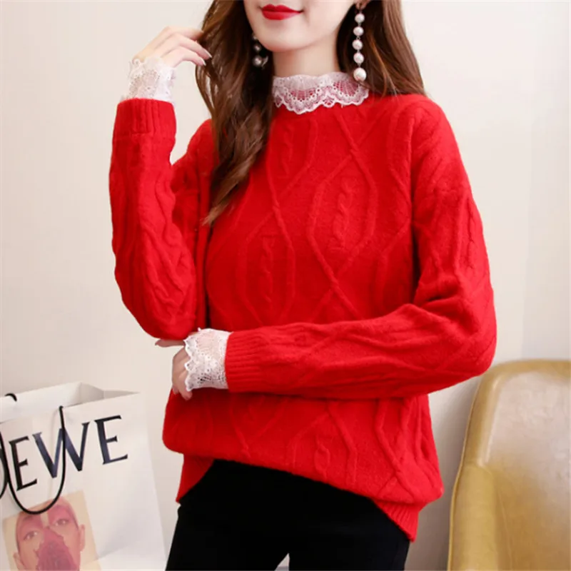 

Autumn Winter Fashion Lace Splicing Collar Knitted Sweater Women Jumpers Ladies Loose 4 Color Long Sleeve Pullovers Tops Female