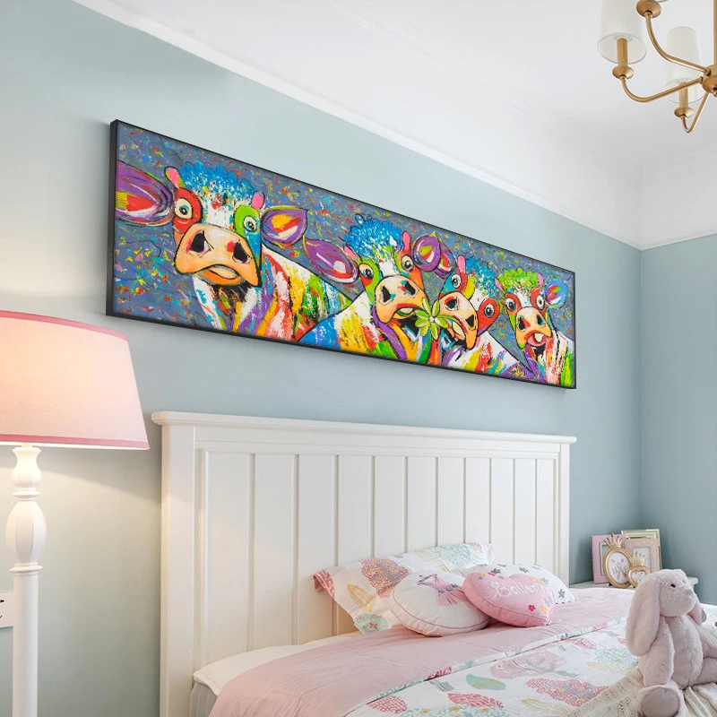 100% Hand Painted Oil Paintings Abstract Colorful Cow On Canvas Modern Wall Art Pictures For Living Room Home Decor Best Gift | Дом и сад