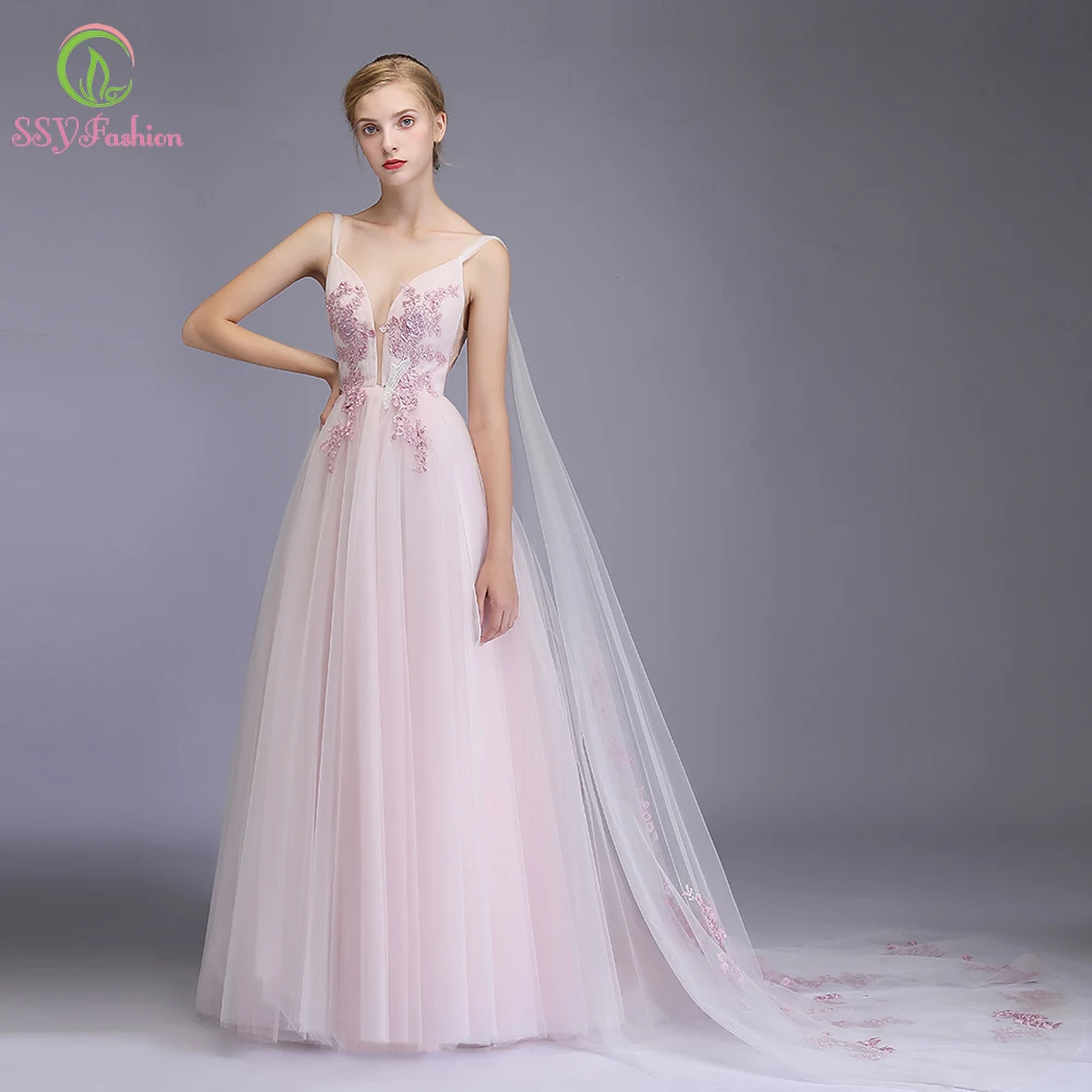 SSYFashion новые милые розовые вечерние платья романтические кружевные аппликации v-образный вырез длина до пола Длинные вечерние платья Vestido De Noche