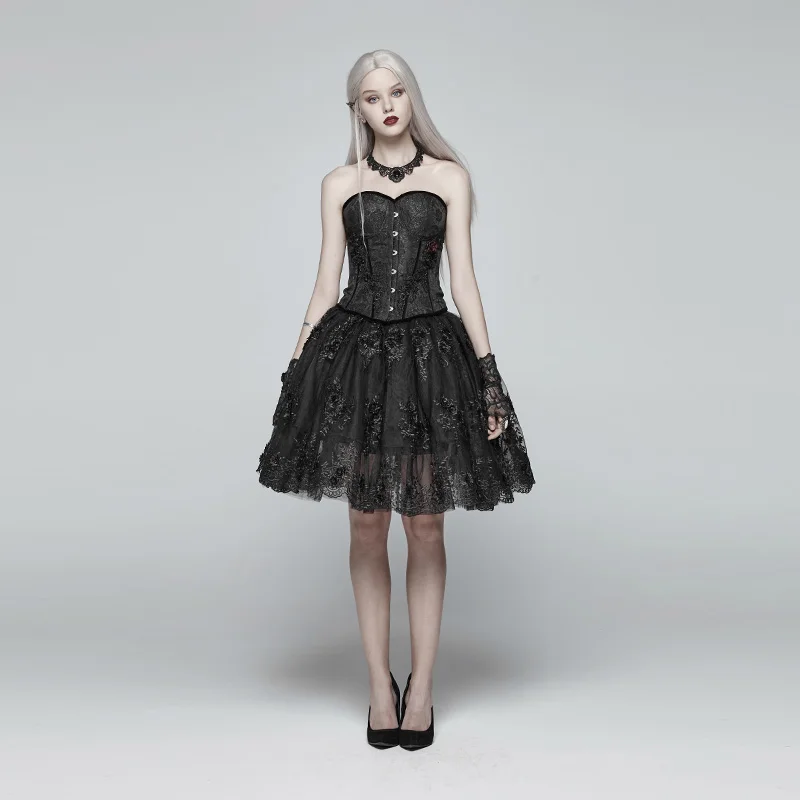 Женский жаккардовый корсет в стиле панк готический черный с украшением красной