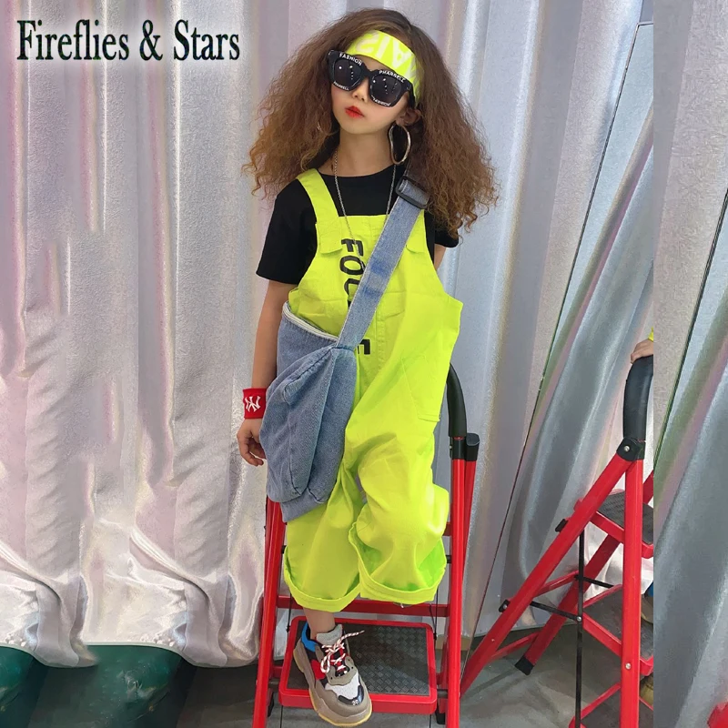 Летний комплект из 2 предметов для девочек детская футболка + штаны на подтяжках