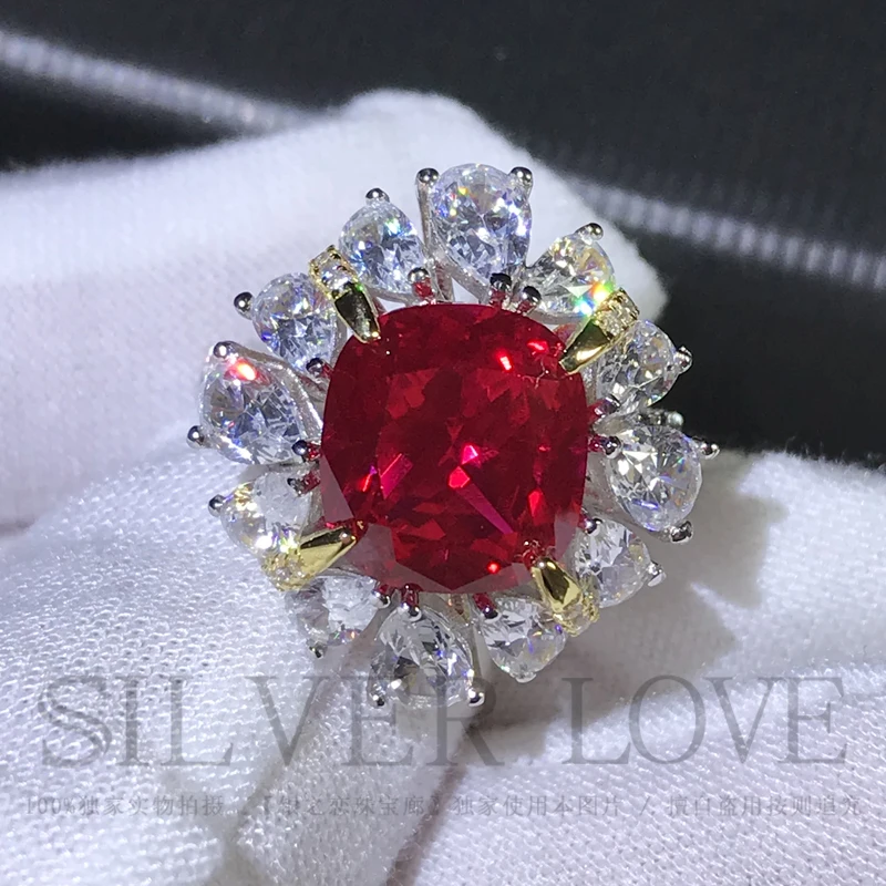 

Gao Ding Seiko Sterling Silver Luxury Water Drop Fully-Inlaid Simulation Ruby Pillow Ring Luxury Temperament Big Diamond Ring Wo