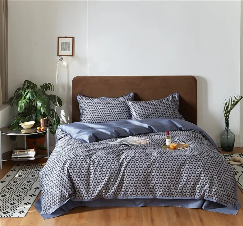 

premium 100%Egyptian Cotton Bedding Set Blue Geometric Print Duvet Cover with Zipper Ties Ultra Soft Comfortable Queen King 4pcs