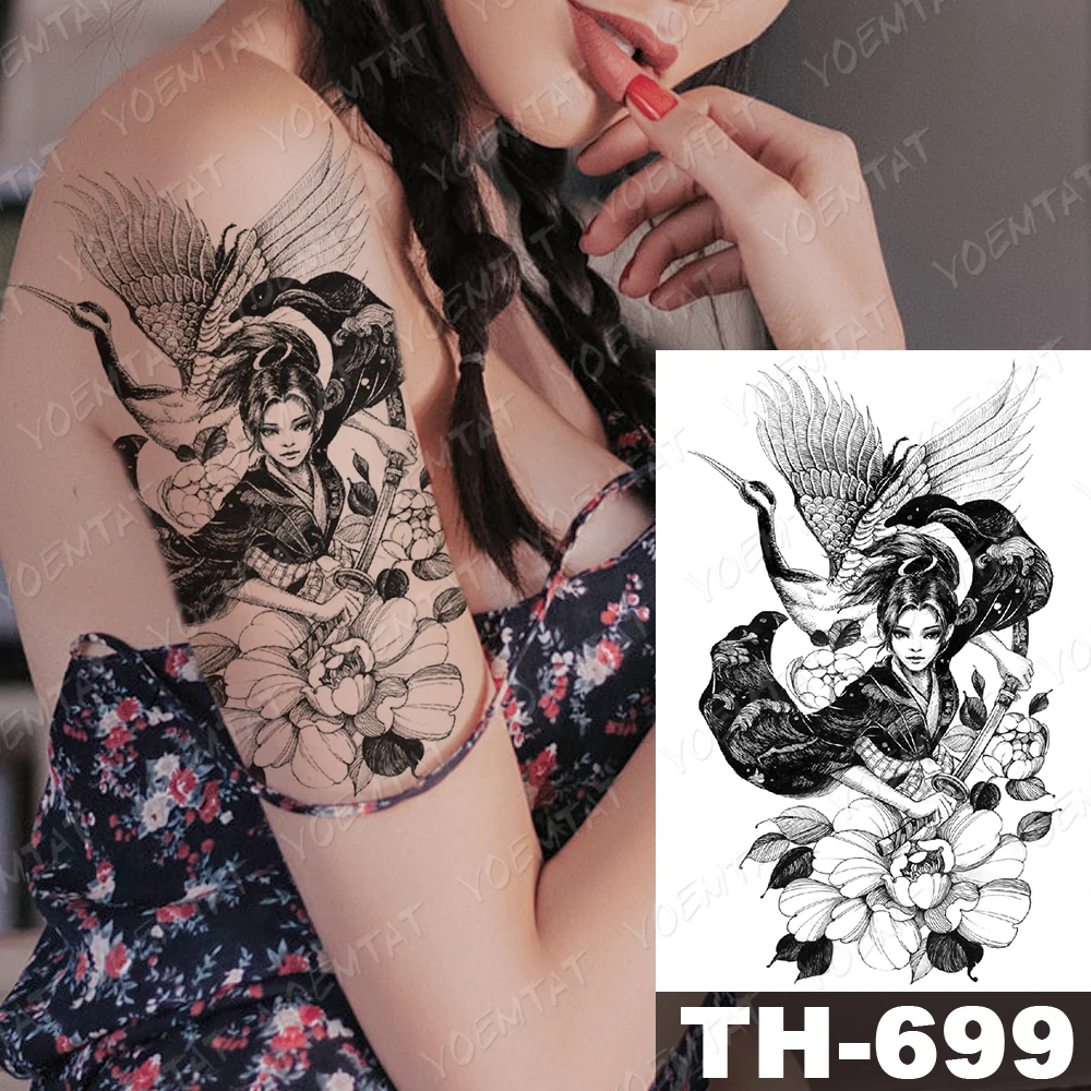 

Anime Tattoos Temporary Fake Tattoo Anime Sticker Tokyo Red Crowned Crane Bird Feather Flower Sexy Arm Leg Flash Tato Waterproof