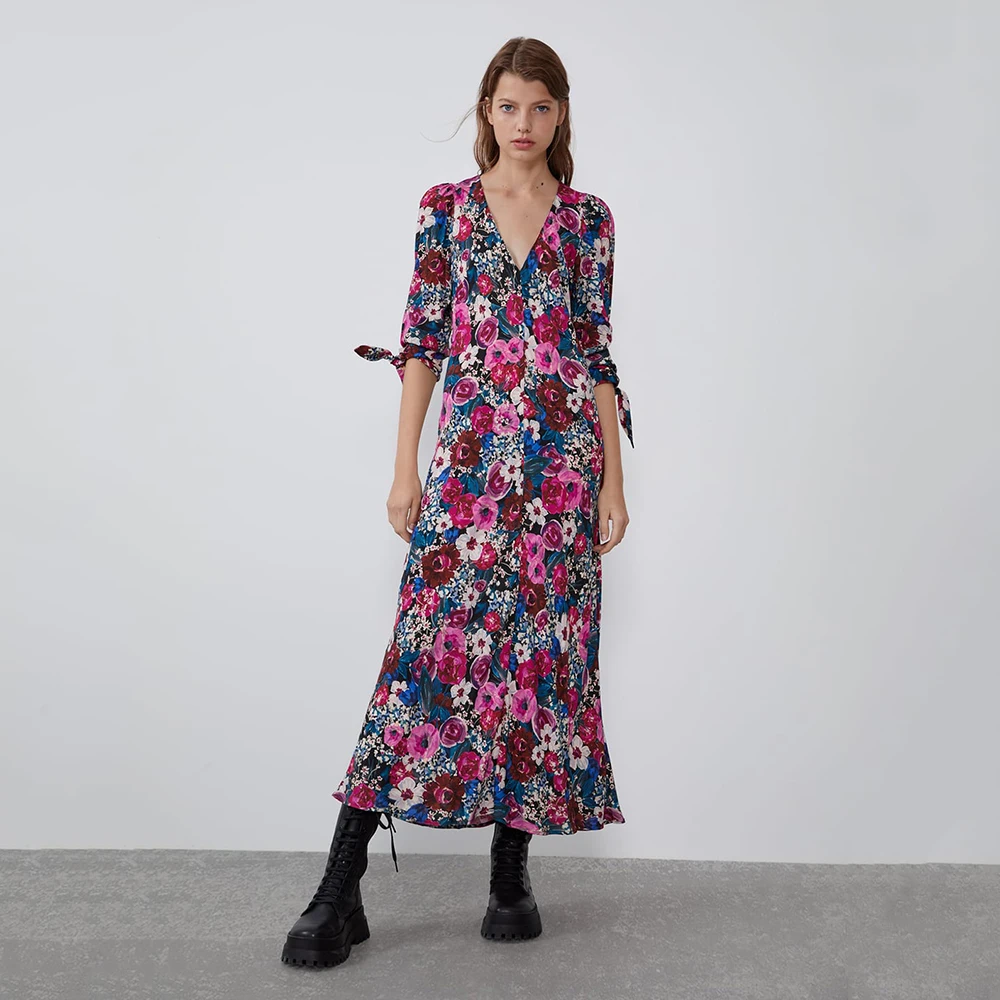 Женское платье с цветочным принтом ZA сине зеленое элегантное Бохо С v образным