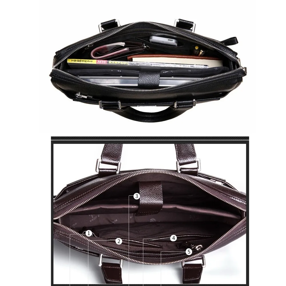 New Double Layers Men's Leather Business Briefcase Casual Man Shoulder Bag Messenger Bag Male Laptops Handbags Men Travel Bags images - 6