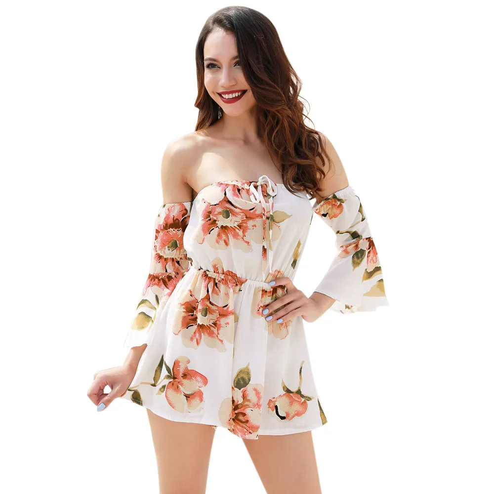 New Women Romper Sexy Fashion Floral Print Bell Sleeve Jumpsuit Summer Beach Off Shoulder Body Suit Casual Large Size Playsuits | Женская